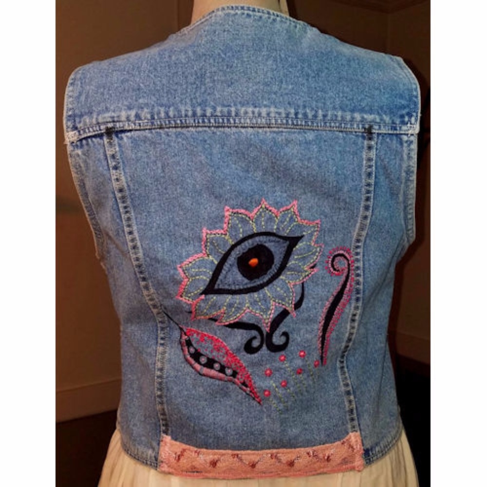 Hand Embroidered Evil Eye Denim Vest Boho Hippie - Picture 3 of 8